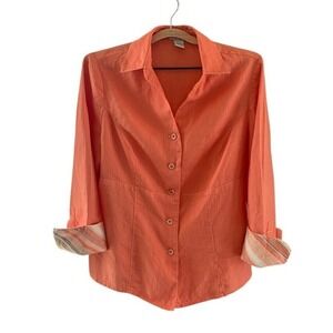 Tweed's Woman Collared Linen‎ Button Down Shirt Roll Tab Sleeve Coral Size 14W